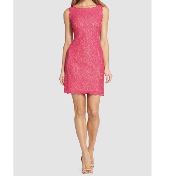 Adrianna Papell Barbie Pink Boat Neck Sleeveless Lace Cocktail Dress Size 2 - Picture 2 of 13